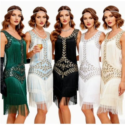 Plus-size sequined beaded dress, 1920s retro ball gown with tassels, cocktail party dress.