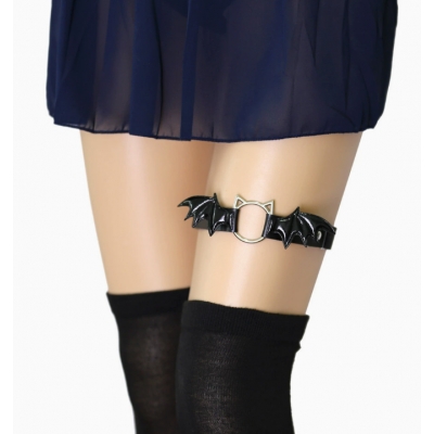 Hollowed-out cat head garter belt with unique bat wings, PU leather, high elasticity, thigh and ankle loops.