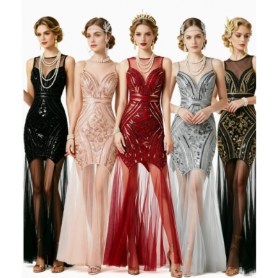 1920s Cross-border Sequined Evening Gown, Long Dress, Retro Plus Size Dress, Beaded Mesh Evening Gown