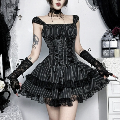 Dark-themed striped tiered dress, 2026 new gothic style Lolita Japanese subculture dress.