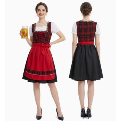 Munich Oktoberfest Maid Outfit, Retro Red and Black Checkered Lace-up Dress, Halloween Party Costume