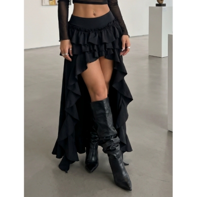 Sweet and cool style, short in the front and long in the back, solid color, versatile midi skirt, Renaissance style, glamorous midi skirt