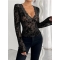 European and American 2025 spring new women's V-neck lace mesh trumpet sleeve T-shirt tops for women