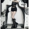 Dark Gothic style hot diamond mesh one-shoulder top 2025 new cross trumpet sleeve T-shirt for women