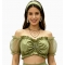 A mesh, puff-sleeved, off-the-shoulder cropped top that can be paired with a Dirndl skirt for a German Oktoberfest party outfit.
