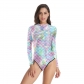 2019 summer long-sleeved one-piece swimsuit female sports indoor swimsuit 3D printing explosions fish scales