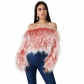 Explosive style European and American women's sexy word shoulder gradient color anti-long fur grass short top