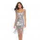 European and American new women's nightclub deep V-neck sequins sexy tassel Halter Dress