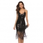 European and American new women's nightclub deep V-neck sequins sexy tassel Halter Dress