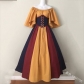 European and American medieval retro contrast color stitching flying sleeves lace-up waist big swing skirt one-shoulder dress dress female