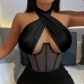 European and American style women's 2021 summer halter neck sexy mesh and diamond embellished chest waist vest