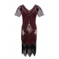 1920s European and American new style hand-embroidered, beaded sequined V-neck short-sleeved dress, European and American banquet dress