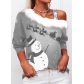 2021 European and American autumn new long-sleeved fur collar sling snowman Christmas print T-shirt women