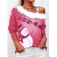 2021 European and American autumn new long-sleeved fur collar sling snowman Christmas print T-shirt women