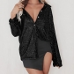 2023 autumn beaded shirt European and American sexy women's hot girl pure color button top long -sleeved sequined cardigan