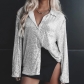 2023 autumn beaded shirt European and American sexy women's hot girl pure color button top long -sleeved sequined cardigan