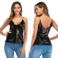 Sequin Embroidery Backless small vest sexy slim black V-neck suspender leggings