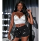 2023 European and American high waist casual shorts hot pants women's high stretch sequin bead piece bar performance costume