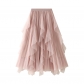 Autumn and winter new high -waisted lotus leaf splicing mesh skirt women's mid -length large swing pleated skirt