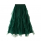 Autumn and winter new high -waisted lotus leaf splicing mesh skirt women's mid -length large swing pleated skirt