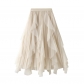 Autumn and winter new high -waisted lotus leaf splicing mesh skirt women's mid -length large swing pleated skirt