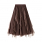 Autumn and winter new high -waisted lotus leaf splicing mesh skirt women's mid -length large swing pleated skirt