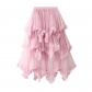 Irregular mesh cake skirt in wood ear, long waist, high -waist big swipe fairy dress long skirt