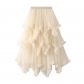 Irregular mesh cake skirt in wood ear, long waist, high -waist big swipe fairy dress long skirt