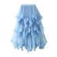 Irregular mesh cake skirt in wood ear, long waist, high -waist big swipe fairy dress long skirt