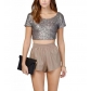 Explosive new spring and summer sexy sparkle eye-catching sequin backless crop short top multi-color T-shirt