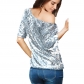 Autumn new mid-sleeve T-shirt women's solid color sequin oblique shoulder mid-sleeve shirt loose leggings through burst model