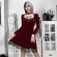 New dark preppy lace lace long sleeve square neck dress