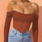 New European and American style one-shoulder fishbone top, high-end mesh, see-through, sexy navel-baring long sleeves