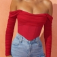 New European and American style one-shoulder fishbone top, high-end mesh, see-through, sexy navel-baring long sleeves