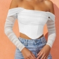 New European and American style one-shoulder fishbone top, high-end mesh, see-through, sexy navel-baring long sleeves