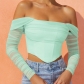 New European and American style one-shoulder fishbone top, high-end mesh, see-through, sexy navel-baring long sleeves
