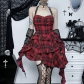 Summer new fashion trendy spicy girl dew back slim red grid irregular hanging neck dress female