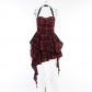 Summer new fashion trendy spicy girl dew back slim red grid irregular hanging neck dress female