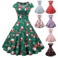 Christmas Outfit for Women, European and American Style, Square Neck, Padded Sleeves, Printed Retro Style, Full Skirt
