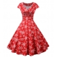 Christmas Outfit for Women, European and American Style, Square Neck, Padded Sleeves, Printed Retro Style, Full Skirt
