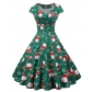 Christmas Outfit for Women, European and American Style, Square Neck, Padded Sleeves, Printed Retro Style, Full Skirt