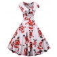 Christmas Outfit for Women, European and American Style, Square Neck, Padded Sleeves, Printed Retro Style, Full Skirt
