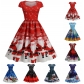 Christmas Outfit for Women, European and American Style, Square Neck, Padded Sleeves, Printed Retro Style, Full Skirt