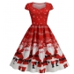 Christmas Outfit for Women, European and American Style, Square Neck, Padded Sleeves, Printed Retro Style, Full Skirt