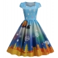 Christmas Outfit for Women, European and American Style, Square Neck, Padded Sleeves, Printed Retro Style, Full Skirt