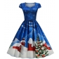 Christmas Outfit for Women, European and American Style, Square Neck, Padded Sleeves, Printed Retro Style, Full Skirt