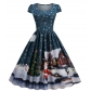 Christmas Outfit for Women, European and American Style, Square Neck, Padded Sleeves, Printed Retro Style, Full Skirt