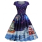 Christmas Outfit for Women, European and American Style, Square Neck, Padded Sleeves, Printed Retro Style, Full Skirt