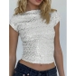 European and American style sparkly T-shirt for women, new summer style, sexy backless sequined round neck short sleeve slim fit top.