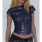 European and American style sparkly T-shirt for women, new summer style, sexy backless sequined round neck short sleeve slim fit top.